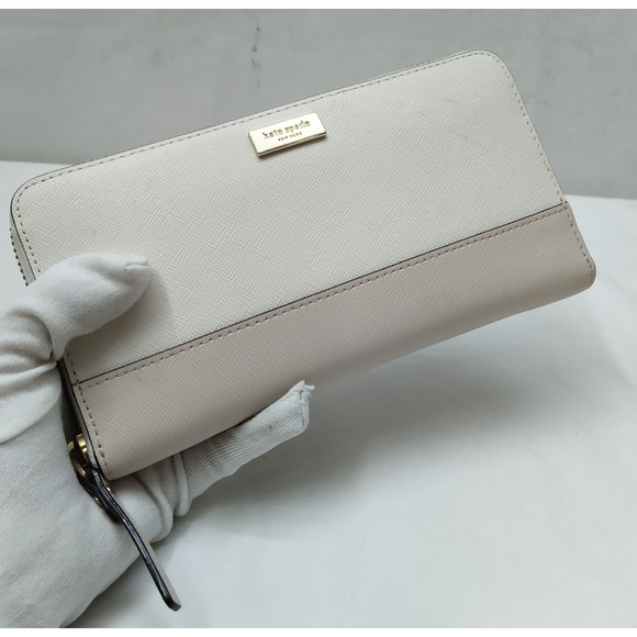 Kate Spade New York Colorblock Ivory Beige Leather Zip Around Credit Card Wallet - Picture 6 of 16